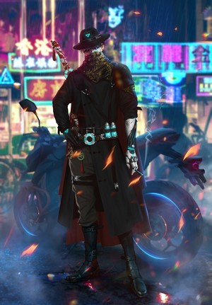 Cyborg in a hat with a sword and motorcycle