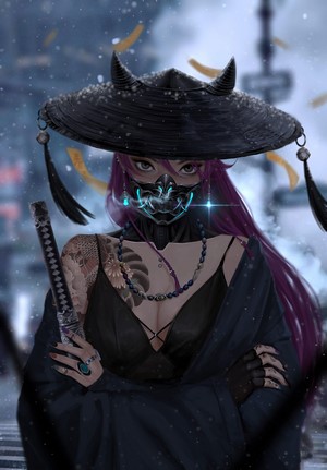 Woman with pink hair, mask, and katana