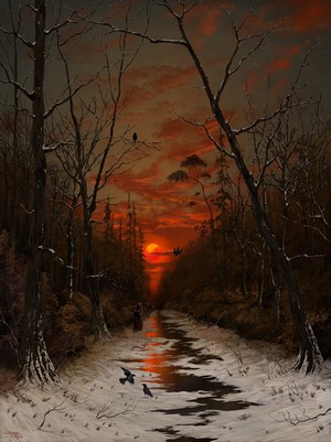 Artwork of a winter forest at sunset