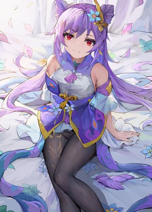 Keqing from Genshin Impact sitting on a bed