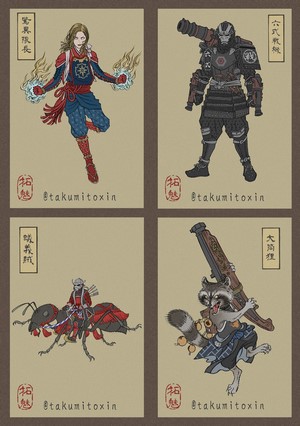 Captain Marvel, War Machine, Ant-Man, and Rocket Raccoon in Japanese Art Style