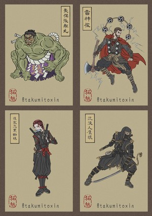 Hulk, Thor, Black Widow, and Ronin in Japanese Art Style