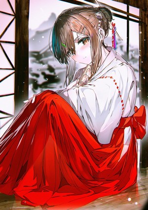 Anime girl in traditional Japanese clothing with snow in background