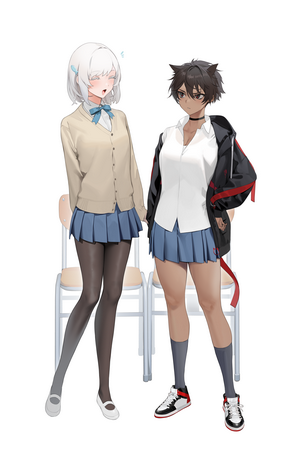 Two anime girls in school uniforms standing