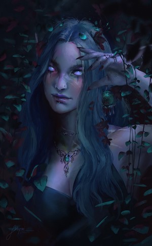 Fantasy portrait of a woman with blue hair and glowing eyes