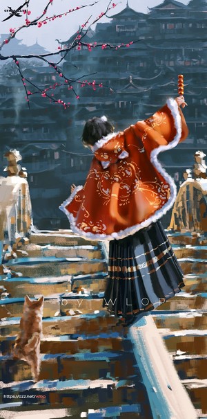 Girl in Chinese dress with cat and candy