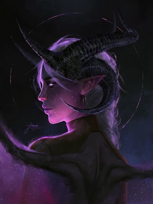 Digital Art of Demon Girl with Horns and Pointed Ears