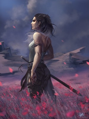 Woman with sword in a field of flowers