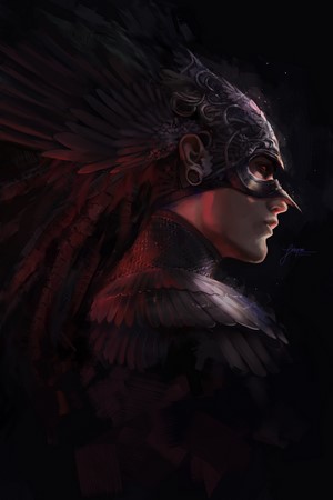 Digital painting of a person in a bird mask