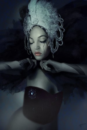 Digital painting of a woman with smudged makeup and elaborate headdress