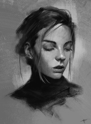 Monochrome digital painting of a woman with closed eyes