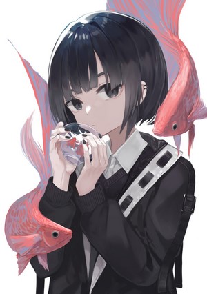 Anime girl with black hair holding a fishbowl with fish