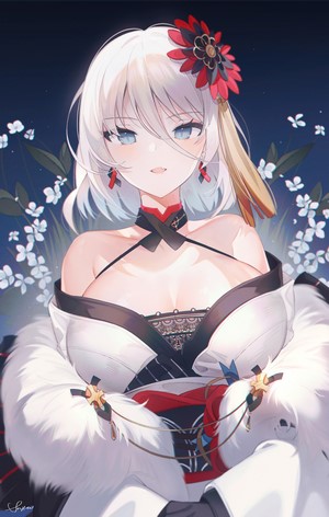 Tirpitz (Azur Lane) in Japanese clothes with white hair and blue eyes