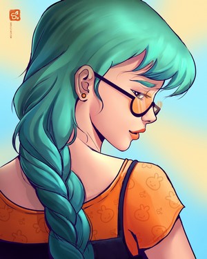 Woman with aqua hair and glasses wearing orange top