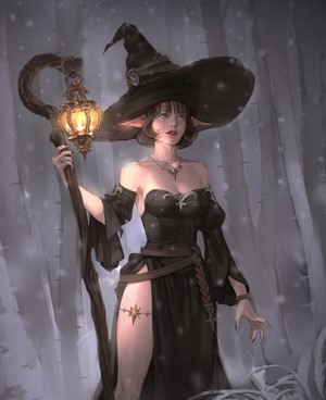 A witch with pointed ears and a witch hat holding a staff