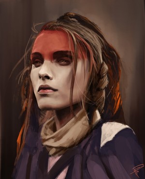 Portrait of a woman with red face paint by Thomas BIGNON