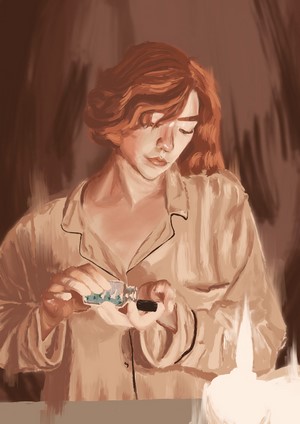 Beth Harmon from The Queen's Gambit holding pills