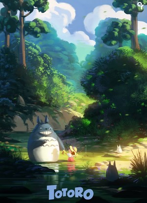 Totoro and a girl fishing in a forest stream