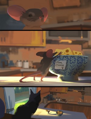 Mouse approaches bowl of free cheese while cat watches