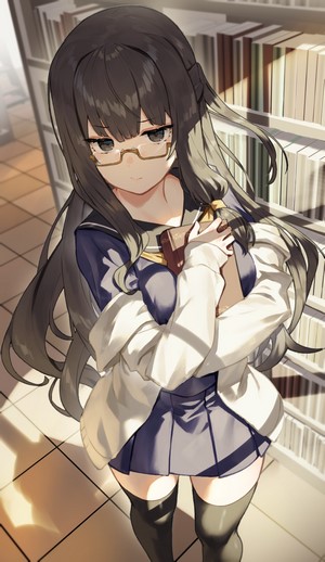 Anime girl with glasses holding a book in a library