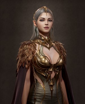 Elf woman in ornate golden armor and cape