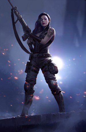 Woman with assault rifle and tattoos