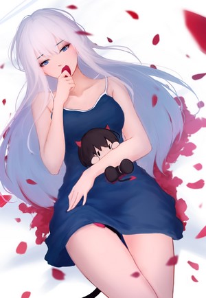 Anime girl with white hair and blue eyes holding a plush toy