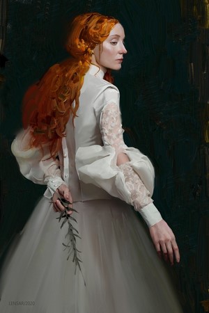 Woman with red hair in a white dress holding a branch
