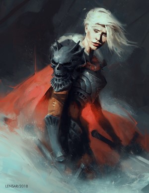 Fantasy warrior with skull pauldrons and red cape