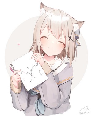 Anime girl with cat ears holding a drawing