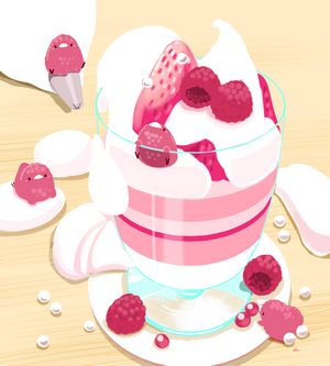 Cute birds with a strawberry and raspberry dessert