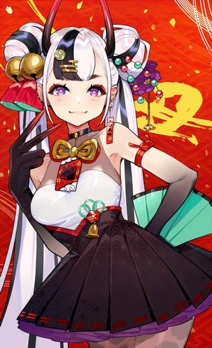 Oni girl with white twintails and horns