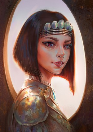 Portrait of a woman with a headdress and armor