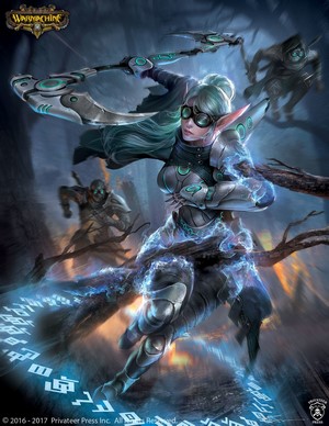 Woman with scythe and goggles from Warmachine