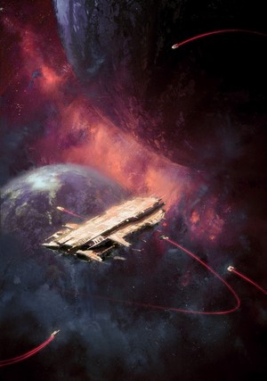Spaceship battle near a planet with nebula