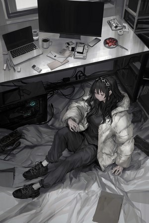 Anime girl with black hair sitting on the floor near a computer