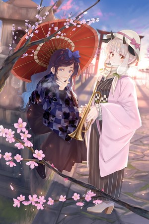 Two anime girls in kimonos with cherry blossoms