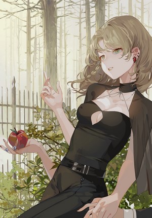 Anime girl with apple in forest