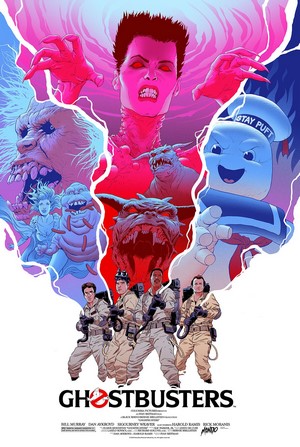 Ghostbusters movie poster with characters and monsters