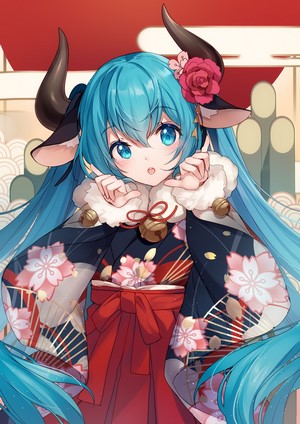 Anime girl with blue hair, horns, and kimono