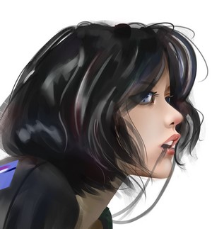Woman with short black hair and blue eyes