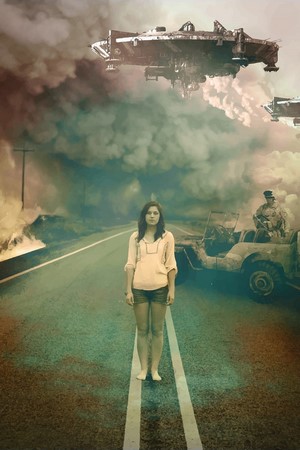 Girl on Road with UFOs and Soldier