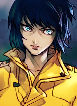 Motoko Kusanagi from Ghost in the Shell in a yellow jacket