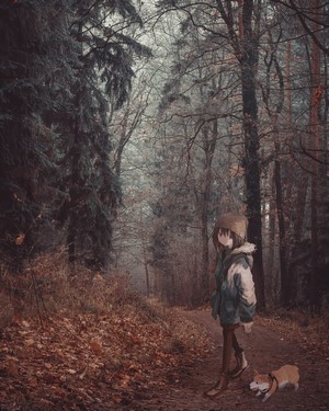 Anime girl and dog walking in a forest