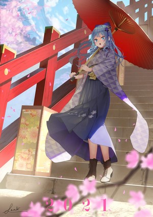 Anime girl with blue hair and umbrella on stairs