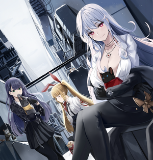 Anime girls and cats in an alleyway, artwork
