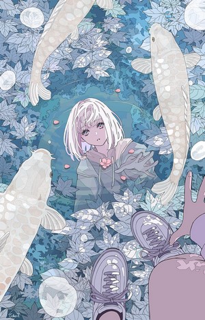 Anime girl with koi fish in a pond