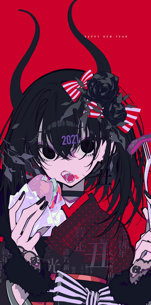 Anime girl with horns eating a burger