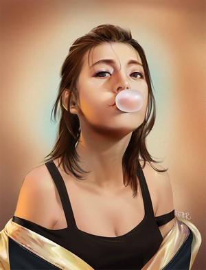 Drawing of a woman blowing a bubble gum