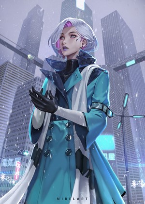 Anime girl with multi-colored hair in a snowy city